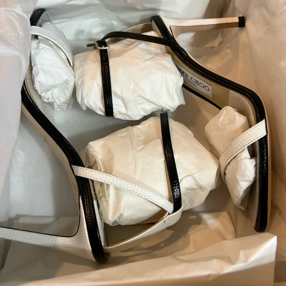 Jimmy Choo Minny 85 mm Lizard Mini Printed Leather Black White Mix Sandal Heels - Picture 10 of 12